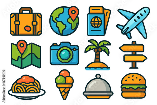 Colorful travel and food icon set. Cartoon vector symbols for vacation, journey, culinary tourism. Includes plane, passport, map, camera, spaghetti, burger, island.
