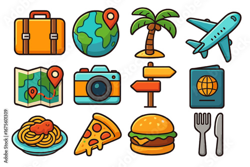 Travel and food icon set. Cartoon vector pack for vacation, tourism, journey and culinary exploration. Includes airplane, passport, map, globe, camera, burger, and pizza icons.