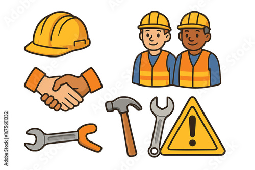 Construction vector icon set with workers, tools, safety sign. Flat cartoon illustration of diverse builders, teamwork handshake, equipment for building. Labor day graphic elements.
