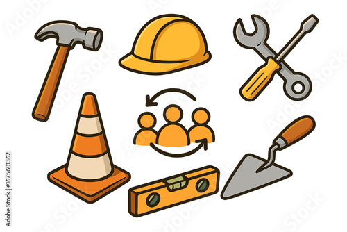 Construction tools icon set for building projects. Vector cartoon illustration of safety and teamwork symbols. Hammer, hard hat, wrench, level, and trowel for repair work.