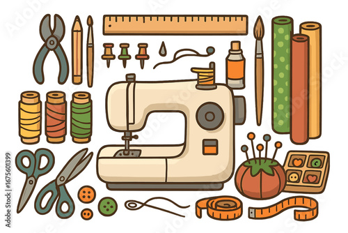 Crafting tools and supplies for sewing, needlework and tailoring. Creative hobby workspace concept. Vector art with sewing machine, scissors, thread, fabric, ruler, buttons.