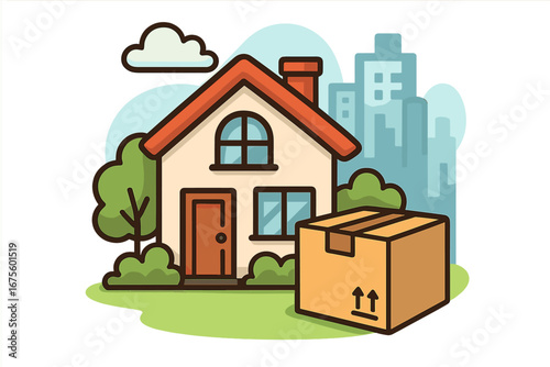 Home delivery concept. Online shopping order. Package box delivered to a house. E-commerce shipping service. Residential courier. Parcel at front door. Urban city background.