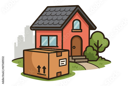 Home delivery service concept. Package box near house door. Online shopping order. E-commerce express shipping. Contactless courier delivery. Residential logistic vector cartoon.