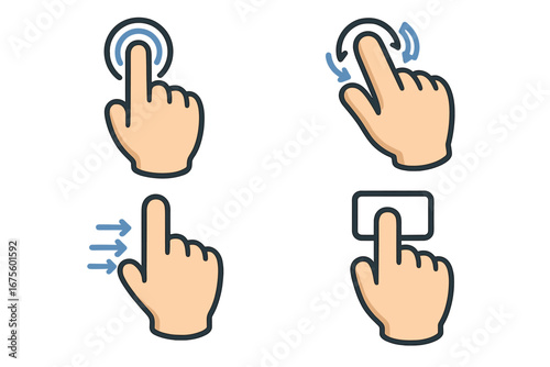 Set of hand gestures for touch screen interface. Vector icons for user guide. Tap, swipe, rotate, press actions. UI and UX design elements for mobile app and web.