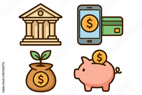 Financial icons set. Concept banking, mobile payment, investment, savings. Digital finance strategy. Money growth, economy. Vector cartoon illustration of bank, piggy bank.