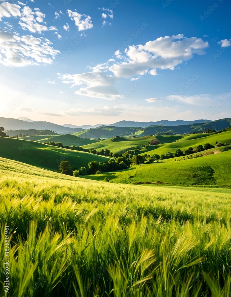 Fototapeta premium Lush green fields and rolling hills under a vibrant blue sky