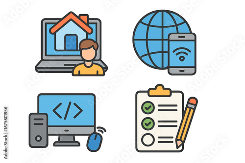 Remote work and business icon set. Home office, freelance job, online communication, programming, and task management concepts. Vector illustration of modern workspace technology.