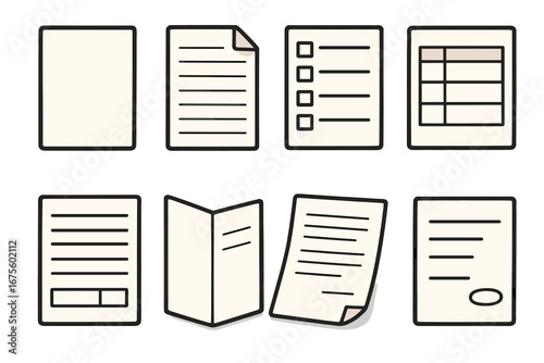 Set of document icons. Paperwork and business forms vector collection. Flat cartoon design. Includes blank page, checklist, application form, contract, report, and spreadsheet.