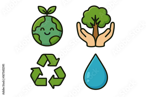 Sustainability icon set. Eco-friendly concepts for nature conservation, recycling, and water preservation. Happy planet Earth, tree care, and water drop cartoon vector icons.
