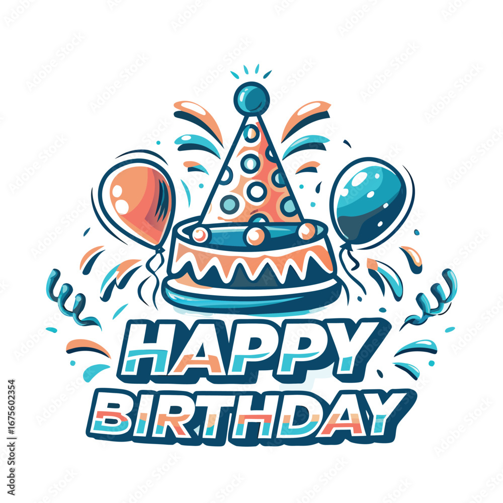 Obraz premium Birthday Balloons, confetti, party hat, 'Happy Birthday'