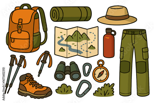 Essential outdoor gear for hiking adventures. Vector cartoon set with backpack, map, compass, boots. Flat design icons for camping, trekking, travel and exploration.