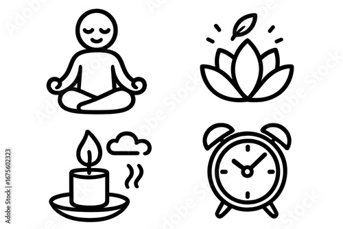 Mindfulness and relaxation icon set for mental health and well-being. Vector icons of yoga meditation, lotus flower, aromatherapy candle, and alarm clock for time management.