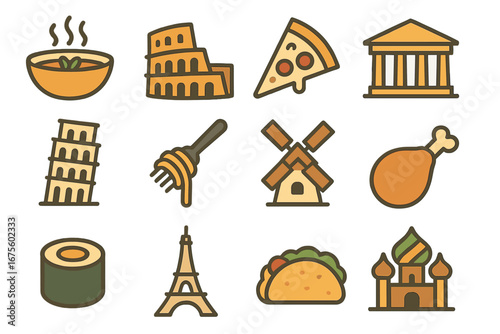 World travel landmarks and international food icon set. Vector symbols for tourism and cuisine. Italy, France, Japan, Mexico. Pizza, sushi, taco, Eiffel Tower, Colosseum.