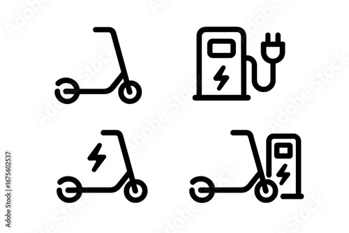 Electric scooter icon set with charging station. E-scooter sharing and rental concept. Micromobility and urban transportation. Minimalist vector line art illustration.