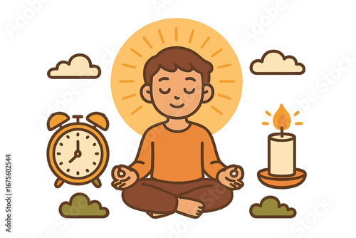 Mindfulness and meditation concept. Man in lotus pose for mental health and well-being. Calm character practicing yoga for relaxation, serenity, and stress relief. Clock and candle symbols.