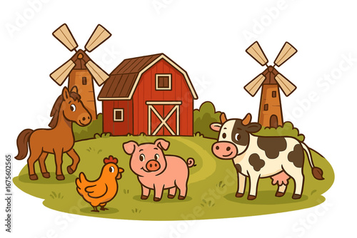 Farm animals cartoon illustration set. Cute vector collection with cow, pig, horse, chicken. Rural countryside scene with red barn and windmills. Agriculture farming concept.