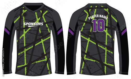 Long sleeve Racing t shirt, Sports jersey design flat sketch illustration, brush stroke pattern Motocross jersey concept with front and back view , Cricket, football, Volleyball uniform kit designs