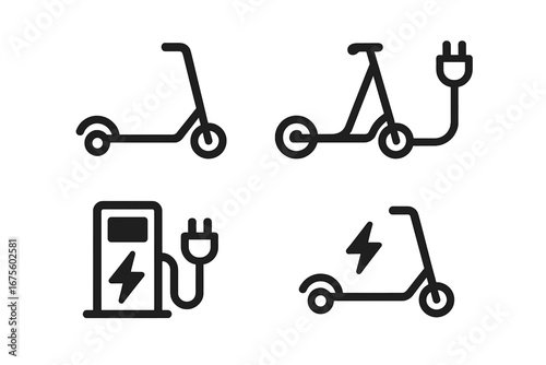 Set of electric scooter icons. E-scooter with charging station. Urban eco friendly transport. Micromobility concept. Battery charge symbol. Vector line art illustration.