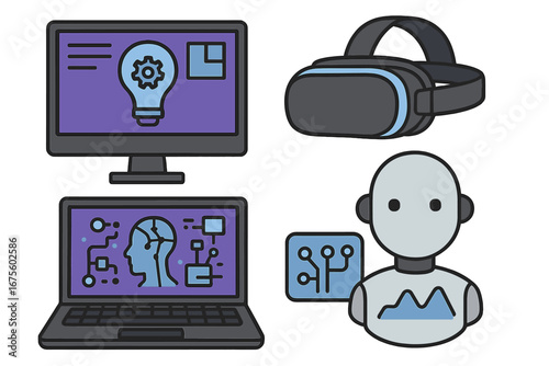 Artificial intelligence and virtual reality concept. Future tech with AI robot, VR headset, and computer. Workspace innovation, machine learning idea, neural network. Vector icon set.