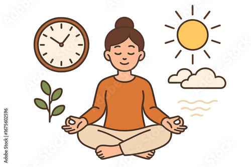 Mindfulness meditation concept with woman in lotus pose. Vector illustration for mental health, well-being, calm, and harmony. Self-care with nature and time symbols.