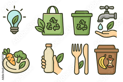 Eco friendly icons set for sustainable living. Zero waste, recycling, and conservation concepts. Green energy, reusable bag, save water, vegan food, and compost vector signs.