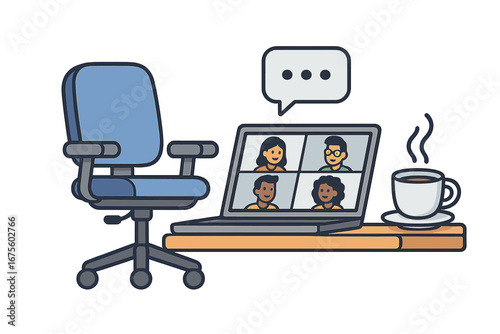 Virtual meeting on a laptop at a modern home office. Remote work concept with empty chair, desk, and coffee. Online conference, communication and collaboration vector illustration.