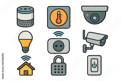 Smart home vector icon set. Internet of Things (IoT) cartoon icons. Home automation, security camera, smart lock, light, plug, thermostat. Modern connected living concept.