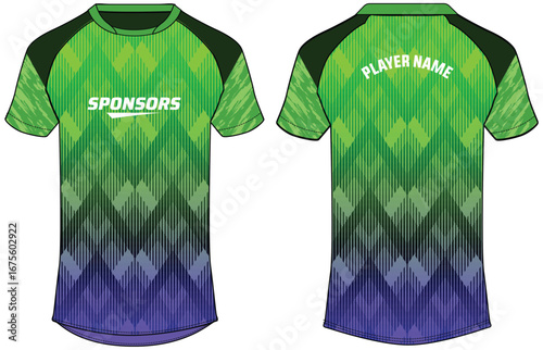 Sports jersey t shirt design concept vector template, Abstract zigzag pattern Raglan Round neck tees football jersey concept with front and back view for Cricket, soccer, Volleyball, Rugby uniform