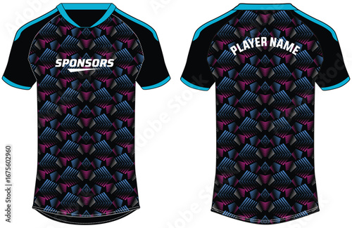 Sports jersey t shirt and shorts kit design flat sketch illustration, Abstract pattern V neck raglan sleeve Football jersey kit concept with front and back view for Soccer, Cricket, Volleyball uniform