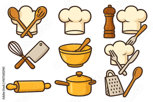 Cartoon kitchen tools and chef hat icon set. Cooking and culinary vector clipart collection with spoon, pot, knife, and whisk for restaurant or food blog menu design elements.