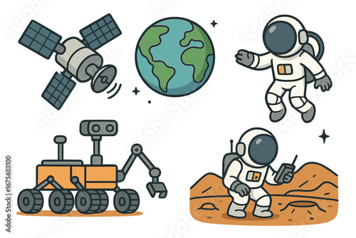 Set of space exploration vector icons. Cartoon astronaut on Mars, rover, satellite, and Earth. Cosmic mission and technology concept. Spaceman character floating in space.