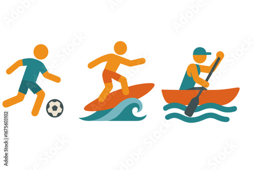 Sports icons vector set. Flat design pictograms of soccer, surfing, rowing. Athlete figures for competition. Football player, surfer, paddler. Summer water sport concept.