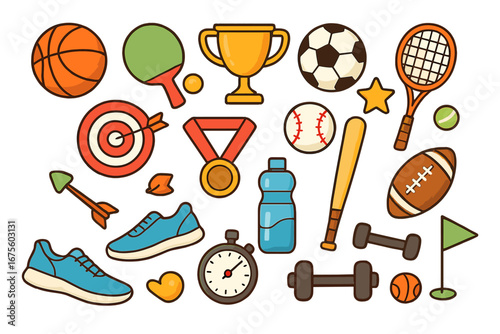 Big set of sport equipment. Vector cartoon icons. Collection of game activity elements. Basketball, football, baseball, tennis, fitness. Dumbbell, medal, trophy cup. Flat illustration.