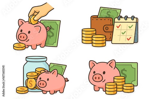 Set of money saving concepts. Hand putting coin in piggy bank. Financial planning, budgeting with wallet, calendar, coins, and notes. Wealth, investment, economy. Vector cartoon.