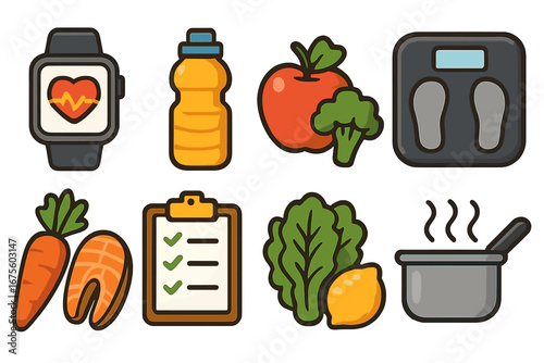 Health and wellness icon set. Healthy lifestyle, food and fitness vector icons. Nutrition, diet, cooking and weight loss concepts. Smartwatch, scale, vegetables, fruit.