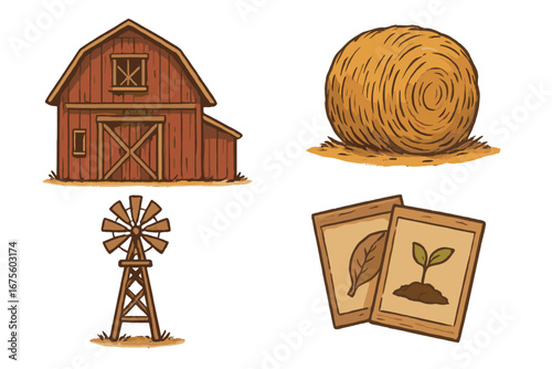 Classic farming elements vector set. Rustic red barn, hay bale, windmill, seed packets. Agriculture, country life, organic harvest icons. Hand drawn cartoon illustration.