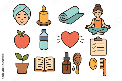 Health and wellness icon set. Self-care, meditation, yoga, healthy food and beauty routine concepts. Vector illustration collection of healthy lifestyle habits for wellbeing.