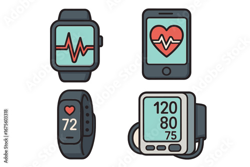 Health monitoring technology icon set. Smartwatch, fitness tracker, phone with heart rate. Blood pressure monitor. Medical data tracking for healthcare. Vector illustration.