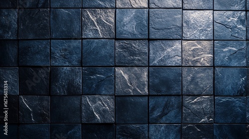 Dark blue square stone tiles with a textured pattern wall