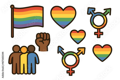 Pride LGBTQ icon set. Symbols of diversity, inclusion, and equality. Rainbow flag, heart, transgender gender symbol. Racial diversity, raised fist, BLM. Vector cartoon pack.