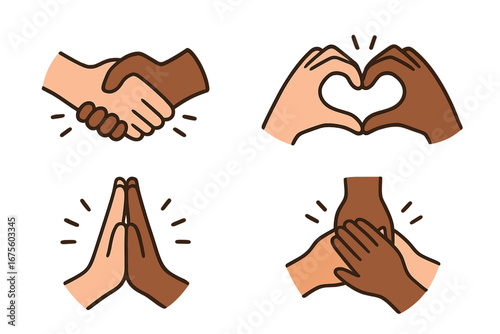 Hand gestures set. Multiracial handshake, heart hands, pray, support. Unity, diversity, love, teamwork icon collection. Vector cartoon illustration of multiethnic cooperation.