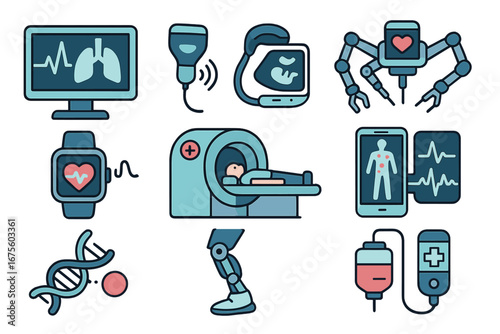 Health technology icon set. Medical innovation, diagnostics, treatment concepts. Vector illustration of MRI, robotic surgery, genetics, ultrasound, wearable tech, telemedicine.