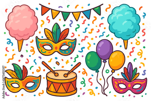 Colorful carnival vector set. Cartoon icons for festival celebration. Masquerade mask, cotton candy, drum, balloons, confetti and garland. Isolated fun fair party elements.