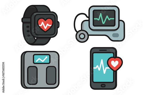 Health monitoring icon set. Digital healthcare tech. Vector cartoon of smart devices for tracking fitness, medical data. Smartwatch, ecg, scale, phone for telemedicine.
