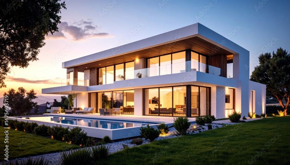Fototapeta premium Modern Luxury House with Pool at Sunset Real Estate.
