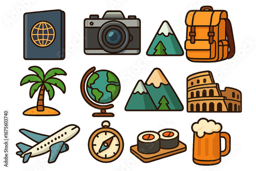Travel essentials for adventurers including passport, camera, globe, mountain, backpack, airplane, compass, sushi, beer, palm tree, and iconic landmarks vector cartoon illustration set