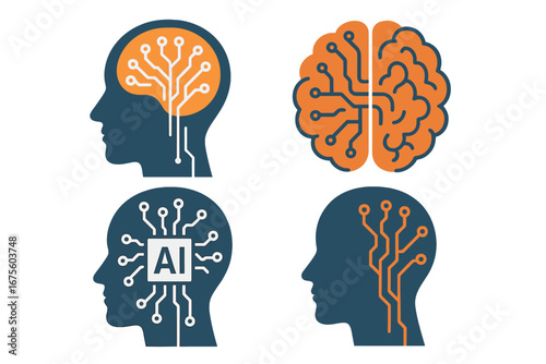 Artificial intelligence concept vector set. Human head silhouette with brain, AI chip, and circuit board. Machine learning, technology, and mind metaphor illustrations.