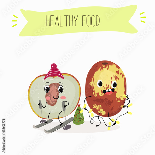 Jujube - exotic tropical fruit, Ziziphus jujuba, funny characters, hand drawn vector art.