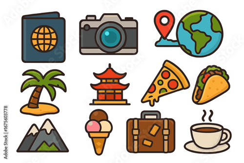 Travel essentials for adventurers with passport, camera, map, palm tree, cultural landmark, pizza, taco, mountains, ice cream, suitcase, and coffee icons. Fun colorful vector cartoon illustration.