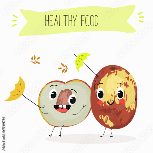 Jujube - exotic tropical fruit, Ziziphus jujuba, funny characters, hand drawn vector art.